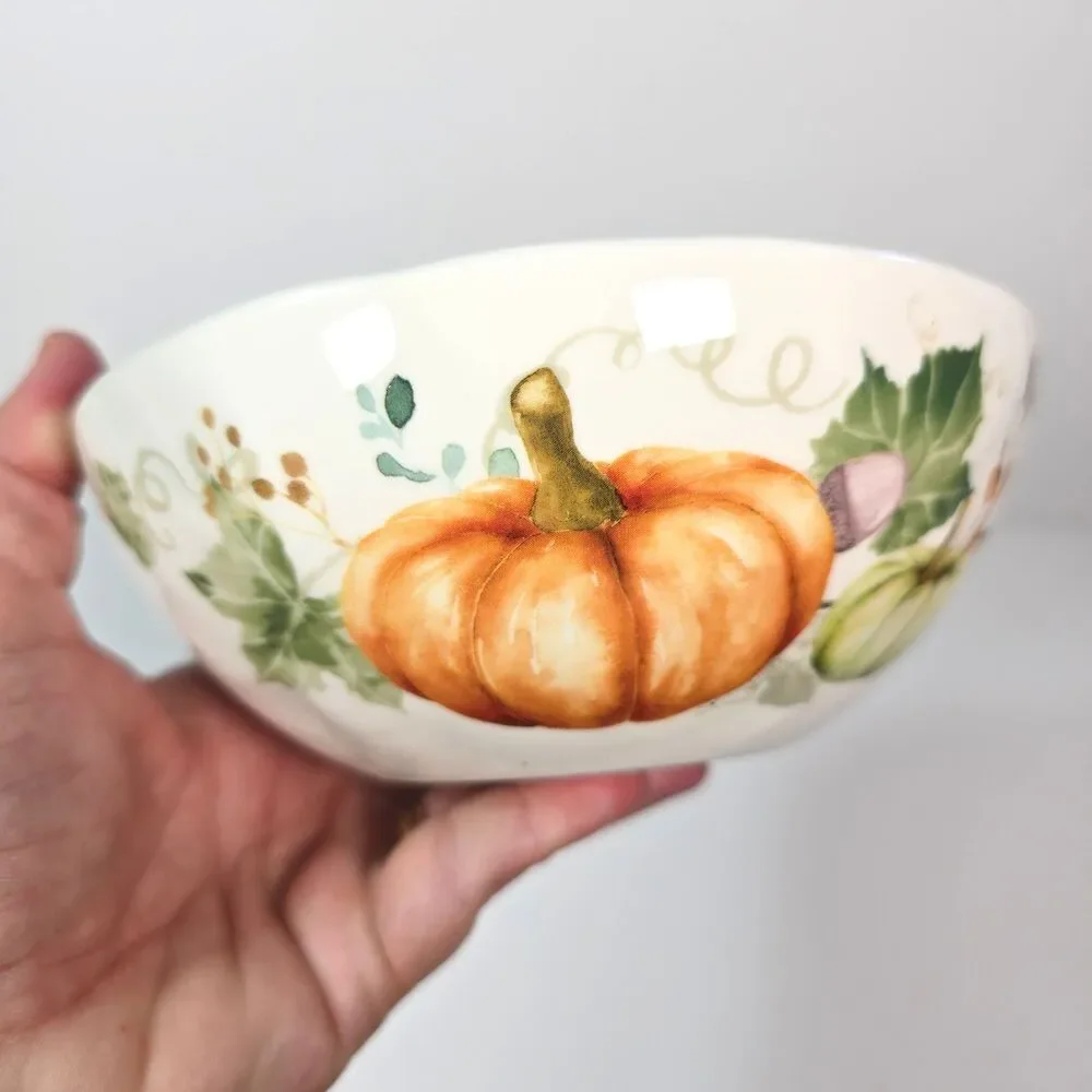 Pier 1 Soup Cereal Bowls Autumn Pumpkin Set of 2 Squash Gourd Fine China Ceramic